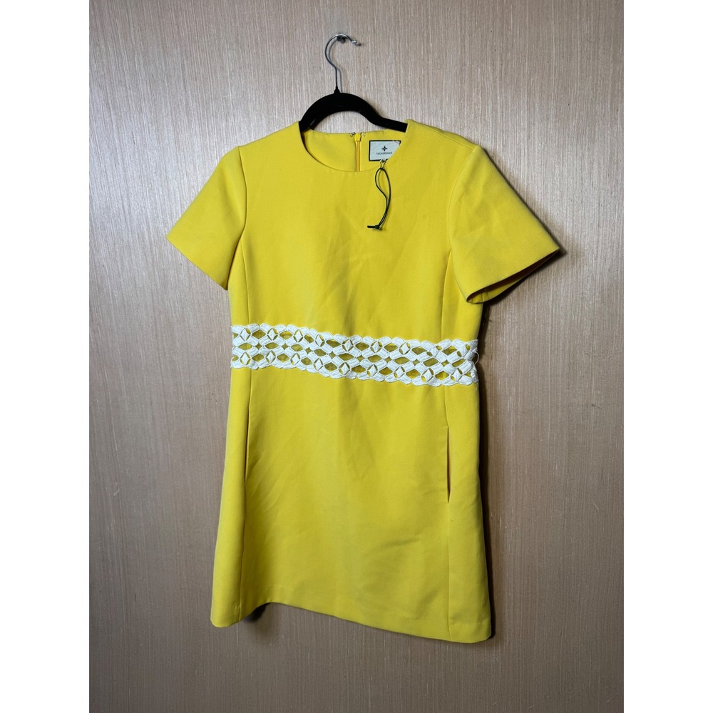 Tuckernuck Yellow Short Sleeve Shift Dress White Crochet Lace Waist Pockets Sz S
